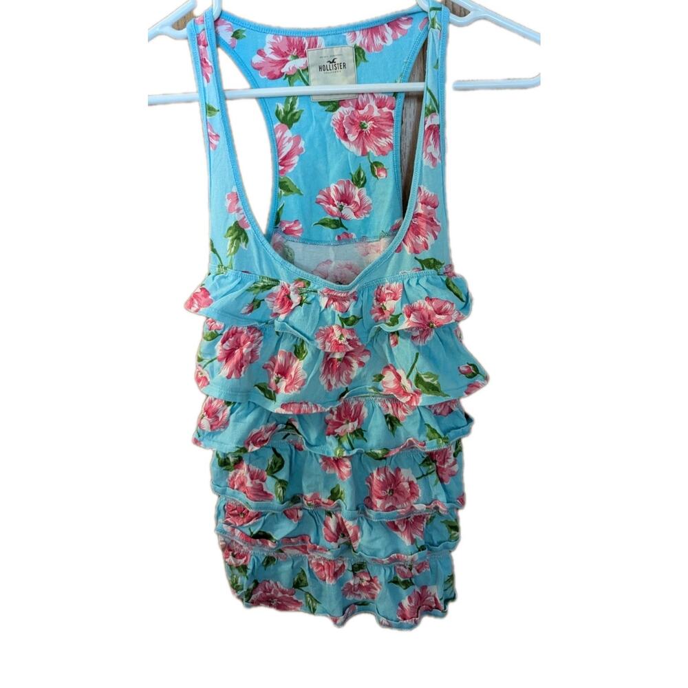 Hollister Gorgeous Spring Summer Pink Floral Print Ruffles Bright Blue M Top